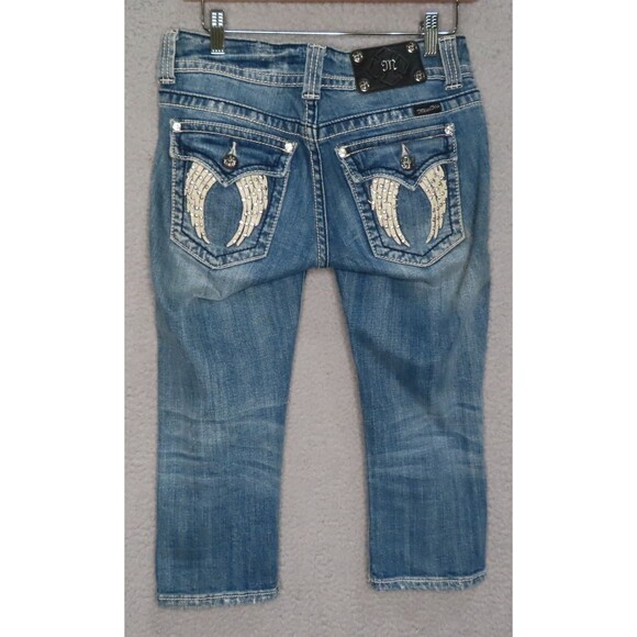 Miss Me Jeans Embellished 28 Blue Denim Angel Wings Bling Capri Flap Pockets - Picture 3 of 14